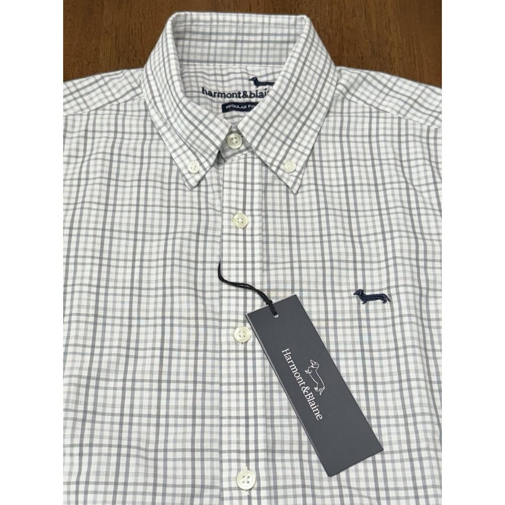 NWT HARMONT & BLAINE Cotton Shirt Light Gray Plaid Striped REGULAR Fit Small S